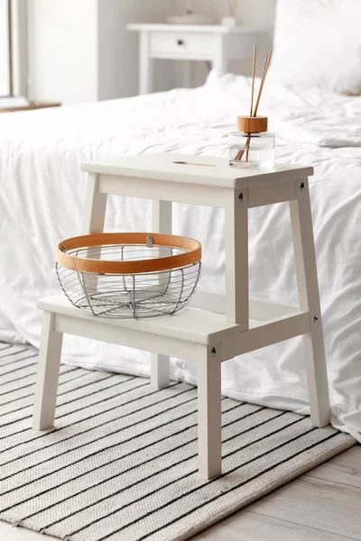 Wooden Stepladder Basket Reed Diffuser Bed Room — Stock Photo, Image