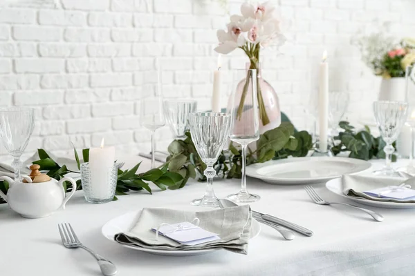 Belo Cenário Mesa Para Celebração Casamento Restaurante — Fotografia de Stock