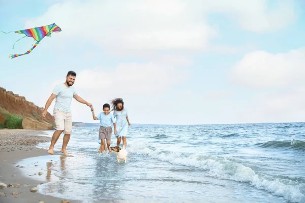 Mutlu Aile Uçurtması Deniz Sahilinde — Stok fotoğraf