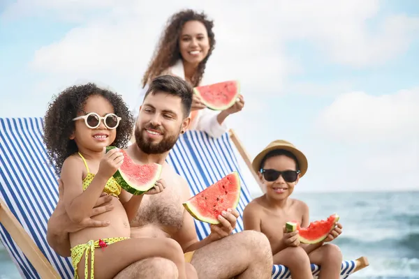 Happy Family Eating Watermelon Sea Beach — Stock Photo, Image