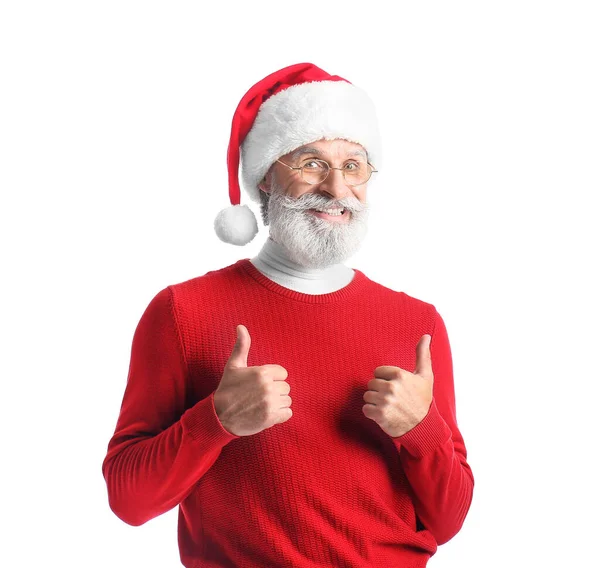 Snygg Mogen Man Santa Claus Hatt Visar Tummen Upp Gest — Stockfoto