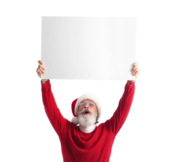 Stylový Dospělý Muž Klobouku Santa Claus Prázdným Plakátem Bílém Pozadí — Stock fotografie