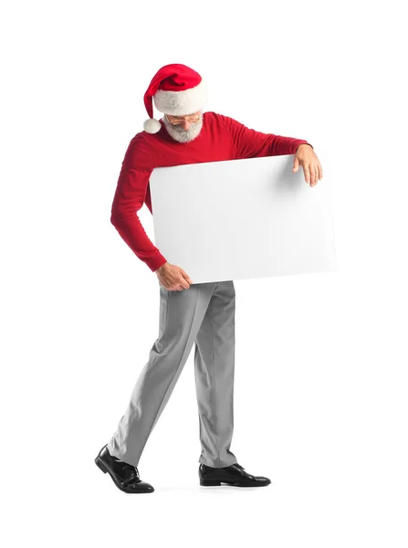 Stylish Mature Man Santa Claus Hat Blank Poster White Background — Stock Photo, Image