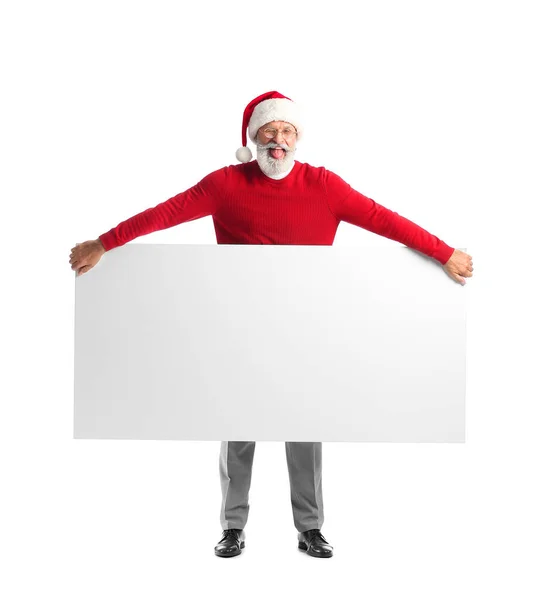 Кумедний Зрілий Чоловік Капелюсі Санта Клауса Чистим Плакатом Білому Тлі — стокове фото