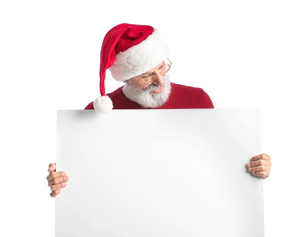 Статиста Зріла Людина Капелюсі Санта Клауса Чистим Плакатом Білому Тлі — стокове фото