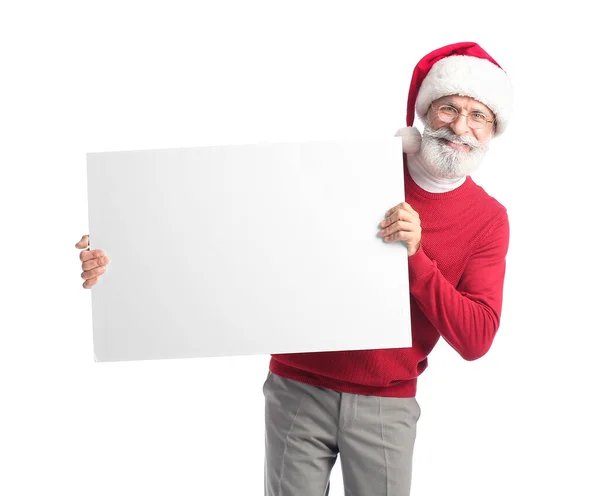 Статиста Зріла Людина Капелюсі Санта Клауса Чистим Плакатом Білому Тлі — стокове фото