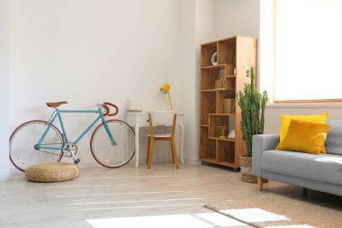 Gri kanepesi, raf ünitesi ve bisikleti olan aydınlık oturma odasının içinde.