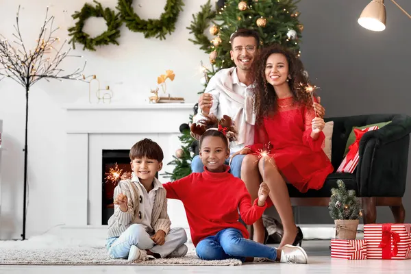 Happy Family Christmas Sparklers Home — Stock Photo, Image