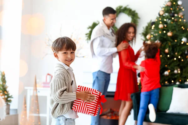 Cute Little Boy Gift Celebrating Christmas Home — Stock Photo, Image