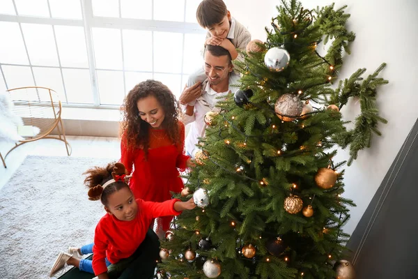 Happy Family Children Decorating Christmas Tree Home — Stock Photo, Image