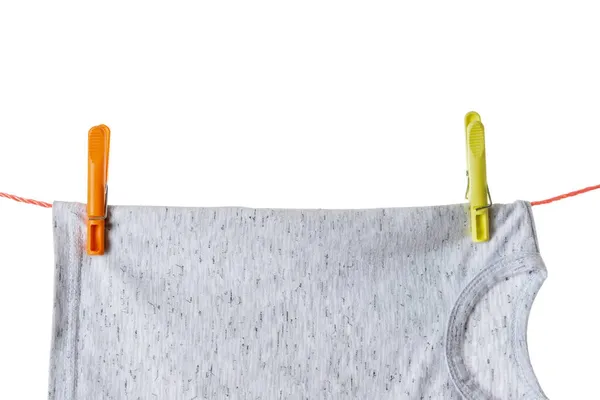 Child Shirt Hanging Rope Clothespins White Background Closeup — Stock Photo, Image