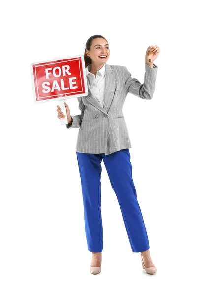 Immobilienmakler Mit Sale Zeichen Auf Weißem Hintergrund — Stockfoto