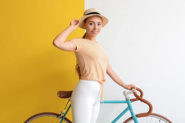 Pretty Teenage Girl Hat Bicycle Color Background — Stock Photo, Image
