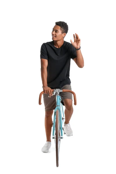 Αφροαμερικανός Έφηβος Μαύρο Shirt Και Ποδήλατο Λευκό Φόντο — Φωτογραφία Αρχείου