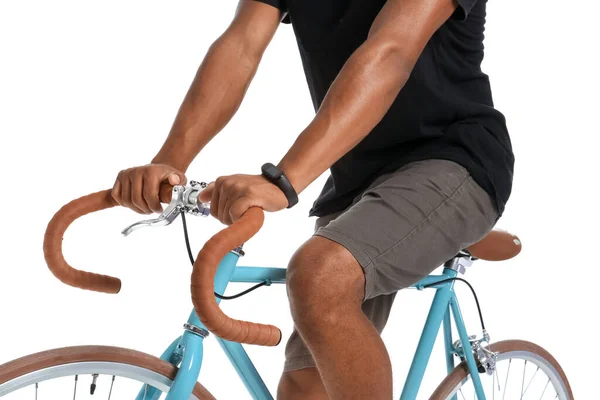 Afro Amerikaanse Tiener Jongen Paardrijden Fiets Witte Achtergrond — Stockfoto