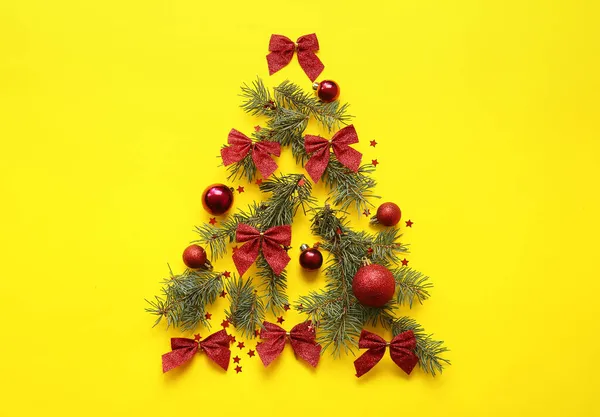 Tree Made Fir Branches Christmas Decor Yellow Background — Stock Photo, Image