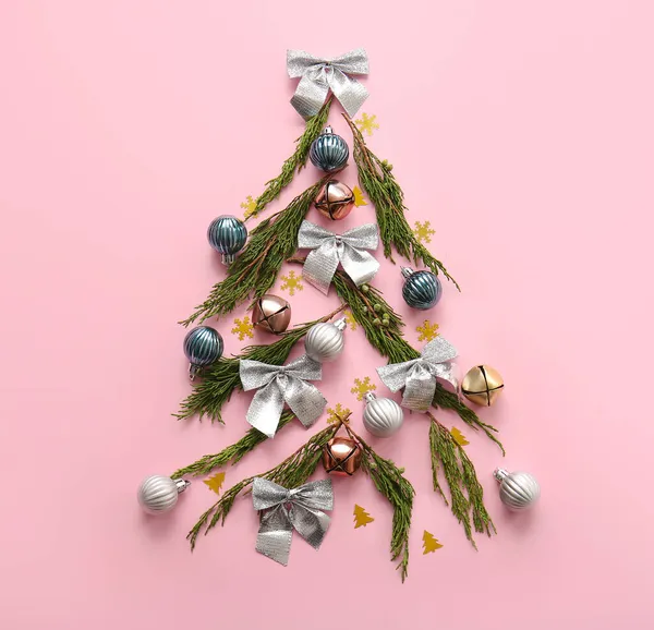 Tree Made Coniferous Branches Christmas Decor Pink Background — Stock Photo, Image