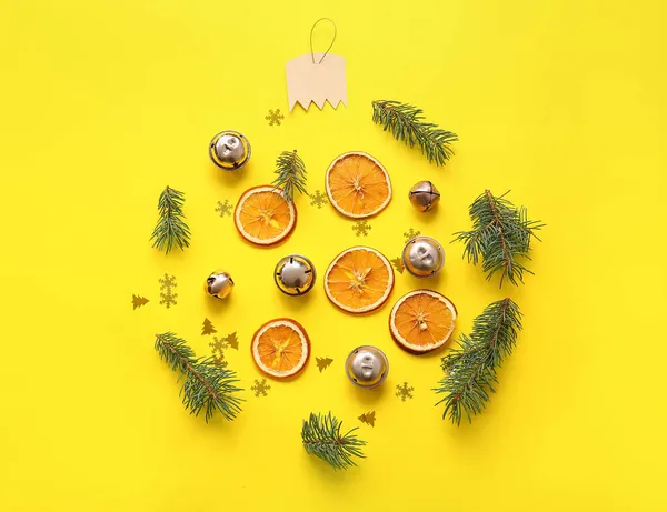 Christmas Ball Made Fir Branches Bells Oranges Yellow Background — Stock Photo, Image