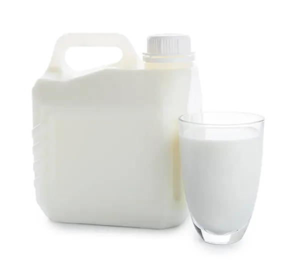 Bottiglia Gallone Bicchiere Latte Sfondo Bianco — Foto Stock