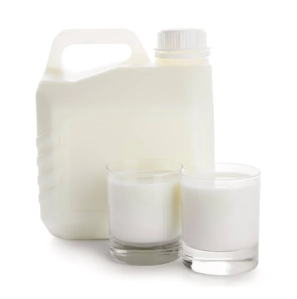 Gallon Bottle Glasses Milk White Background — Stock Photo, Image