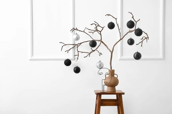 Tree Branches Christmas Balls Stylish Room Interior — Stock Photo, Image