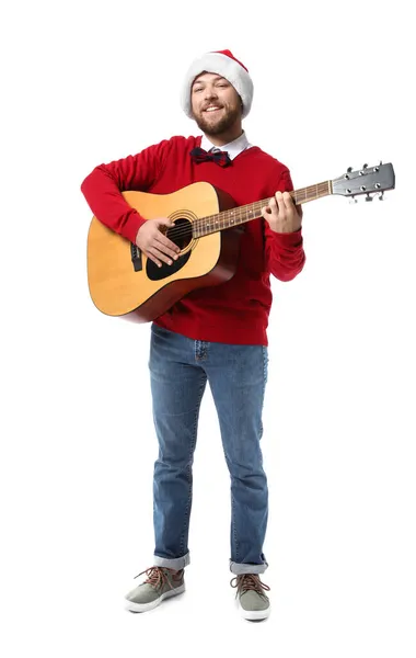 Ung Man Santa Hatt Spelar Gitarr Vit Bakgrund — Stockfoto