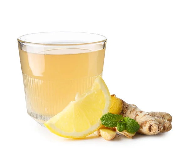 Glass Natural Kombucha Lemon Ginger White Background — Stock Photo, Image