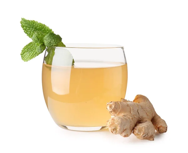 Glass Tasty Kombucha Lemon Ginger White Background — Stock Photo, Image