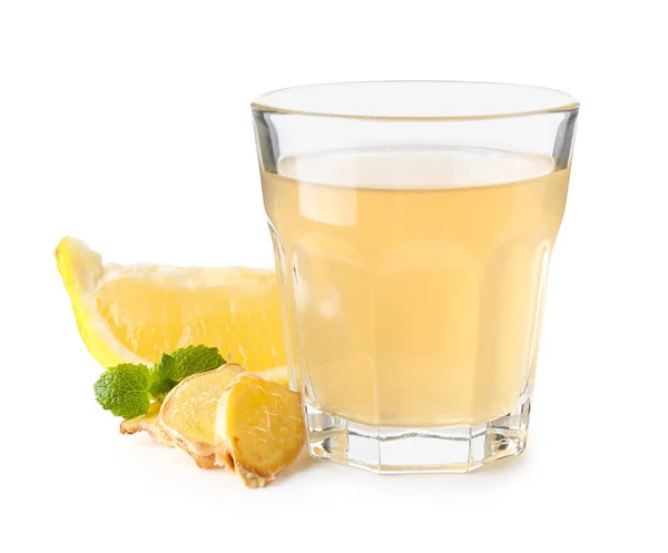 Glass Natural Kombucha Ginger Lemon White Background — Stock Photo, Image