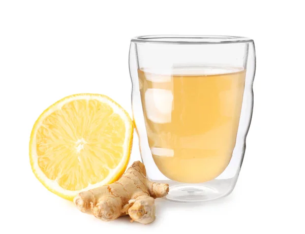 Glass Tasty Kombucha Lemon Ginger White Background — Stock Photo, Image