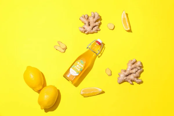 Bottle Tasty Kombucha Lemon Ginger Yellow Background — Stock Photo, Image
