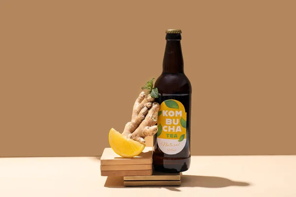 Bottle Tasty Kombucha Lemon Ginger Mint Table — Stock Photo, Image