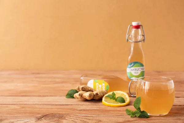 Bottles Glass Fresh Kombucha Lemon Ginger Wooden Table — Stock Photo, Image