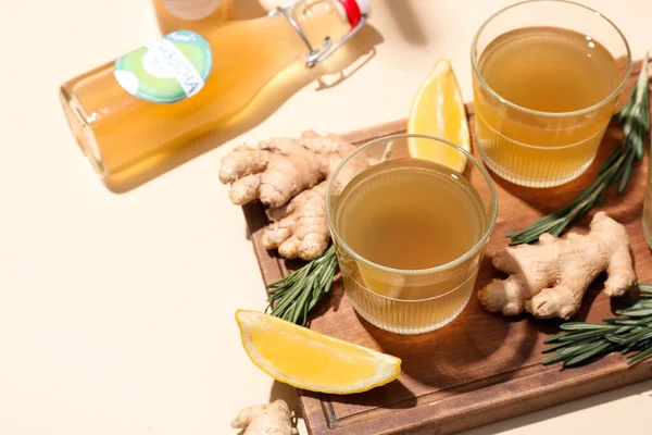 Glasses Fresh Kombucha Lemon Ginger Rosemary Color Background — Stock Photo, Image