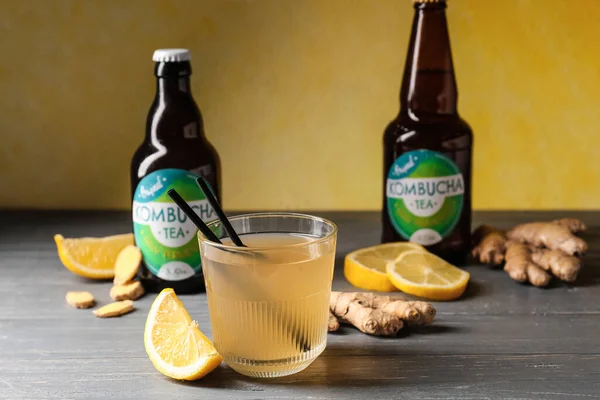 Bottles Glass Tasty Kombucha Lemon Ginger Table — Stock Photo, Image