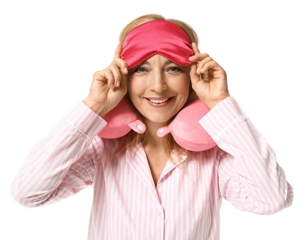 Mature Woman Pajamas Sleeping Mask Pillow White Background — Stock Photo, Image