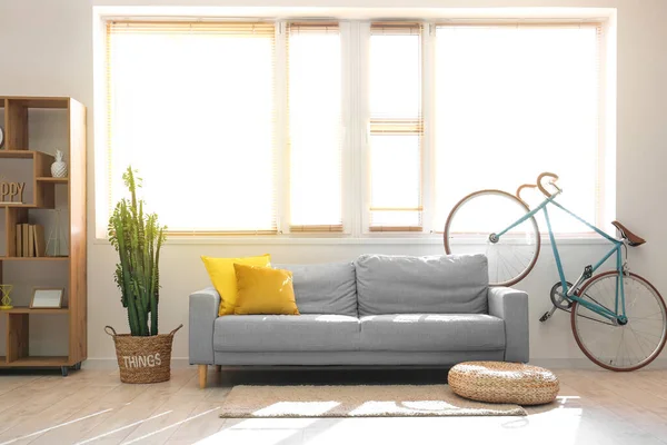 Interior Light Living Room Grey Sofa Bicycle — Stock Photo, Image