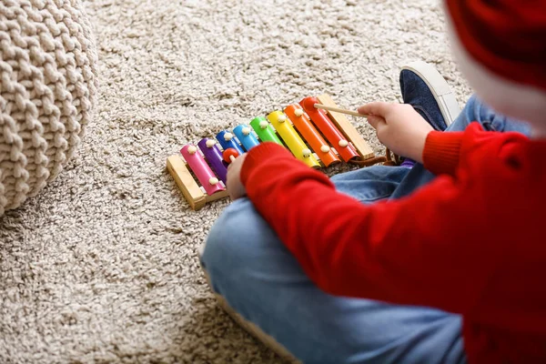 Little Boy Playing Xylophone Home Christmas Eve — Stock Photo, Image