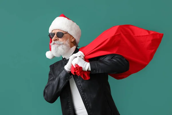 Cool Santa Claus Leather Jacket Bag Color Background — Stock Photo, Image