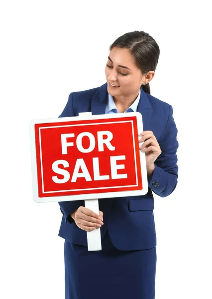 Female Real Estate Agent Sale Board White Background — Stock Photo, Image