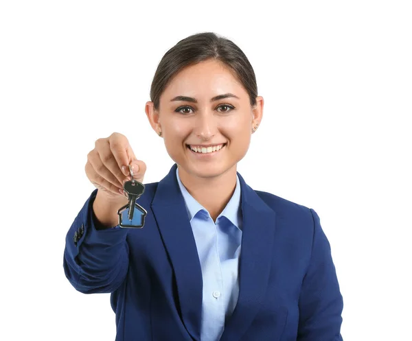 Female Real Estate Agent Keys New House White Background — Stock Photo, Image