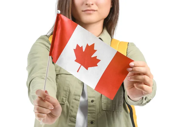 Junge Studentin Mit Kanadischer Nationalflagge Auf Weißem Hintergrund Nahaufnahme — Stockfoto