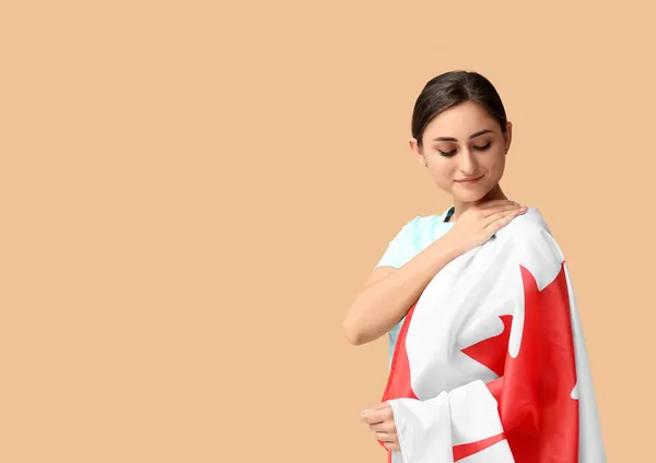 Young Woman National Flag Canada Color Background — Stock Photo, Image