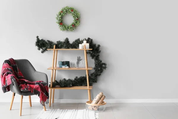 Shelving Unit Beautiful Christmas Decor Armchair Room — Stock Photo, Image