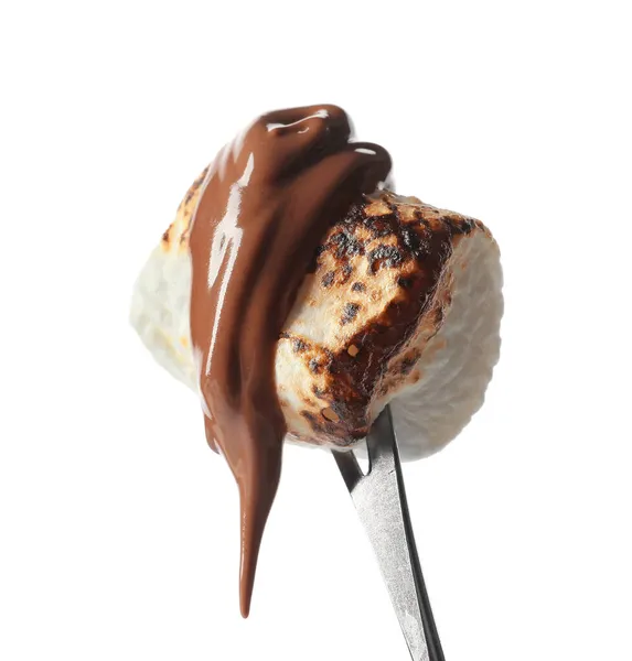 Skewer Tasty Grilled Marshmallow Chocolate White Background — Stock Photo, Image