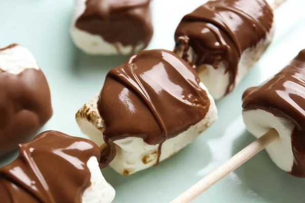 Tallrik Välsmakande Grillade Marshmallows Med Choklad Närbild — Stockfoto