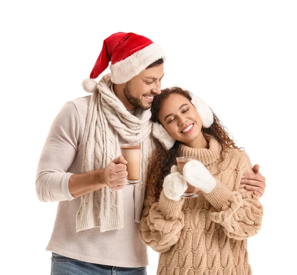 Happy Couple Hot Chocolate White Background — Stock Photo, Image