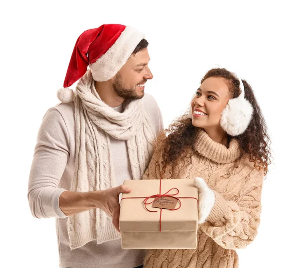 Happy Couple Christmas Gift White Background — Stock Photo, Image