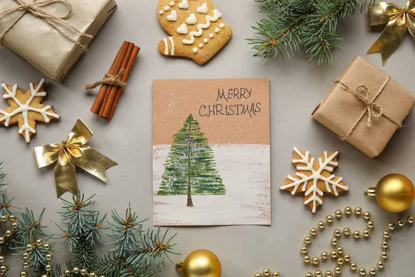 Ευχετήρια Κάρτα Κείμενο Καλά Χριστούγεννα Μπισκότα Δώρα Και Διακόσμηση Γκρι — Φωτογραφία Αρχείου
