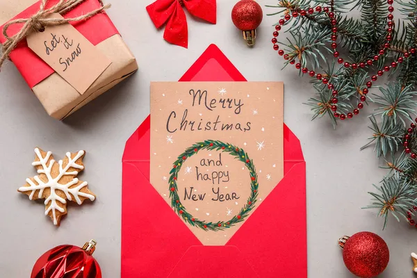 Árvore Abeto Presente Cartão Saudação Com Texto Merry Christmas Ano — Fotografia de Stock